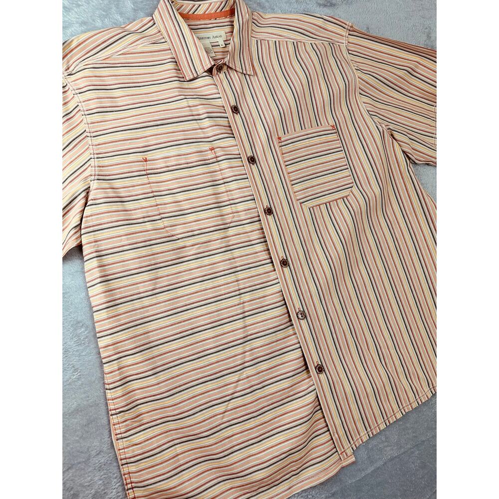 Vintage Territory Ahead Striped Short Sleeve Button Down Shirt Cotton XL Indie